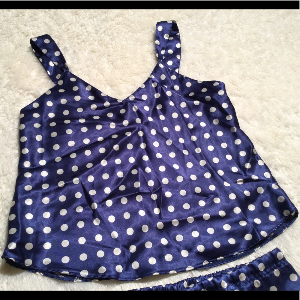 🌀2XHP!🌀VINTAGE | Satin Blue Silver Polka Dot PJs - Picture 3 of 12